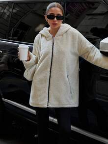 EURMUSE 女士纯色休闲泰迪优质连帽大衣 - 米色 - 查看 4