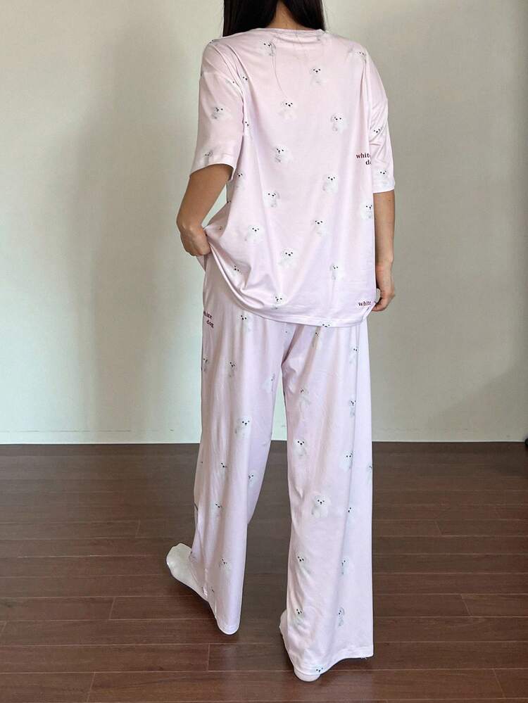 Cute Dog Pattern All-Over Print Loose T-Shirt And Straight Pajama Pants 2pcs Women Sleepwear Set