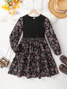 SHEIN Serisse Kids Tween Girl LUNE 花卉印花灯笼袖荷叶边下摆连衣裙，法式花卉，仙女裙，田园风 - 黑色 - 查看 4