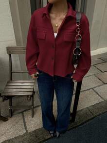 Siren Gaze 女士休闲百搭纯色短款大衣秋冬装 - 酒紅色 - 查看 4