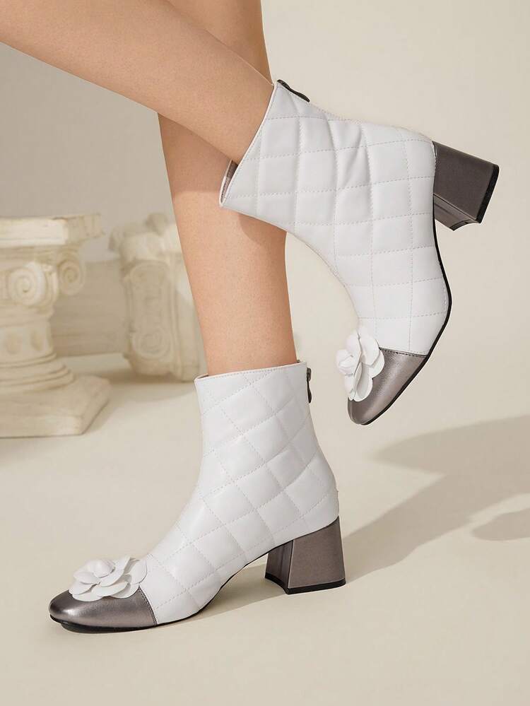 CUCCOO CHICEST Women's Autumn/Winter New Geometric Floral Patchwork Round Toe Block Heel Ankle Boots, Elegant Sweet Romantic Vintage Classic White Brown Gray Color Faux Leather Booties For Tea Party, Date, Work, Holiday, Halloween, Christmas, Thanksgiving, New Year