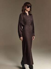 Ontre 2026SS Women's Elegant Minimalist Design Party Waist Pleated Long Sleeve Dark Coffee Chic Urban Casual Versatile Valentine's Day Dress, Loose Fit, Lapel Collar, Waist Cinched, Pleated, Casual Commuter Korean Style, Bat Wing Long Sleeve Single-Breasted Shirt Dress - Coffee - View 9