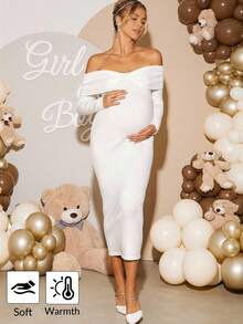 Loomaby Elegant Solid Color Off Shoulder Fitted Maternity Knit Dress,Gender Reveal Dress,Maternity Dress,Baby Shower Dresswhite Long Sleeve Maternity Dress - Beige - View 3