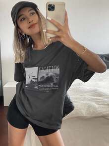 Livesso 宽松短袖圆领女式T恤，带图案字母印花，夏季，图案T恤 - 深灰色 - 查看 3