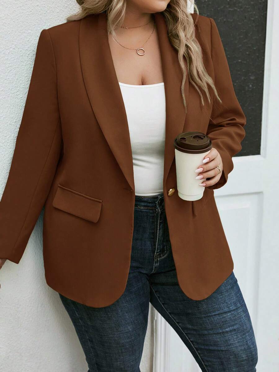 SHEIN LUNE 大码女式纯色披肩领长袖单扣休闲西装外套，秋季西装外套女式棕色西装外套女式棕色夹克女式西装外套棕色西装外套 - 咖啡棕 - 查看 1