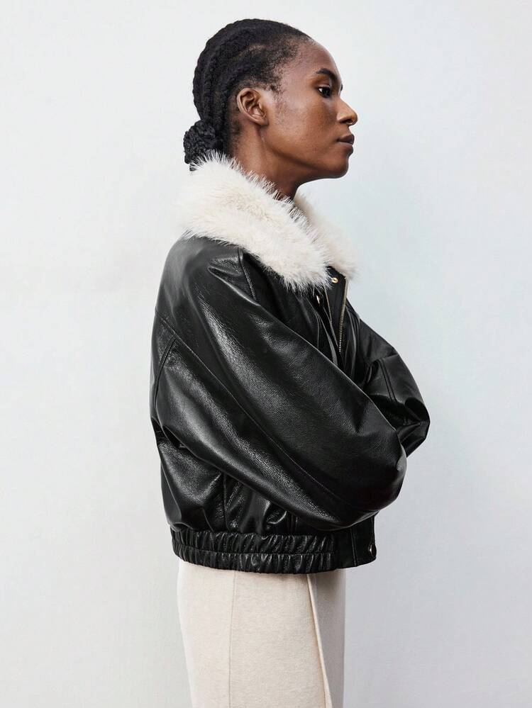 SHEIN Maija Women's Fashionable Faux Fur Collar Short Jacket, Black Jacket Winter Clothes