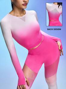 SHEIN Sovereign Charm Women's Ombre Round Neck Long Sleeve Sports T-Shirt - Pink - View 3
