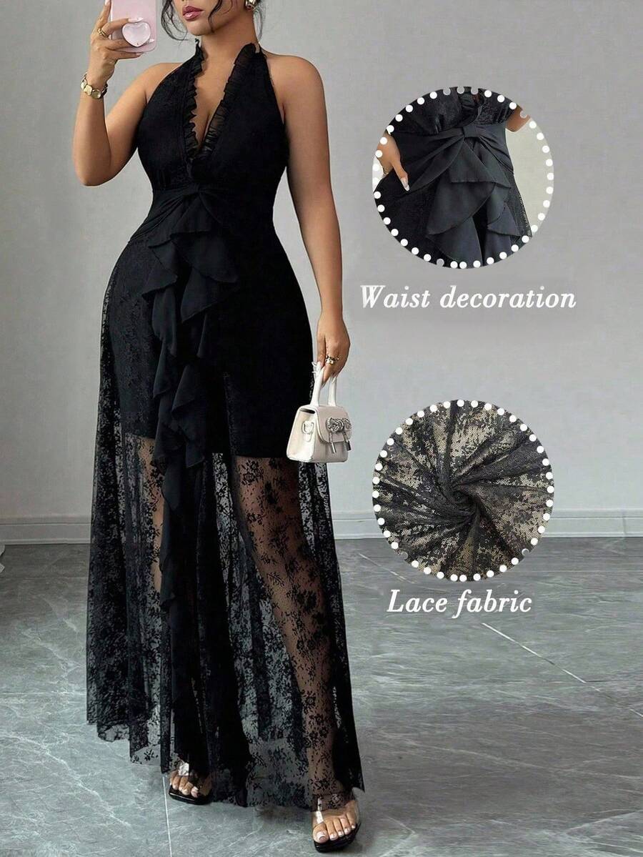 Elenzga Vestido de fiesta elegante, romántico y sexy de encaje para mujer de talla grande, con escote en V, cintura ceñida, fluido, vestido largo de gasa, adecuado para primavera, otoño e invierno - Negro - Ver 1