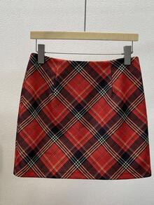 SHEIN Franclia 女士复古红色格子迷你裙，秋冬 - 紅色 - 查看 3