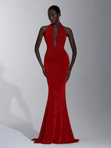 Elitara Elegant, Romantic, Sexy, Minimalist, Green, Knitted Fabric, Halter Neck, Cinched Waist, Mermaid Hem, Fashionable, Influencer Style, Holiday, Vacation, Birthday Party, Wedding Event, Bridesmaid Dress - Burgundy - View 4