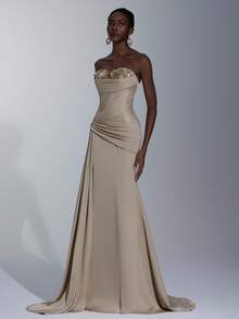 Elitara 优雅缎面无肩带花卉贴花腰部褶皱侧垂褶美人鱼式可调节系带连衣裙，适合约会、度假、单身派对、节日、婚礼、正式活动、情人节等场合。 - 香檳色 - 查看 8