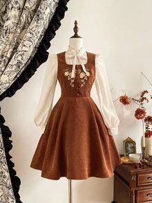 Vintamour Vintage Elegant Women's Corduroy Dress With Pockets Floral Embroidery Button Brown Floral,Autumn,Cottage Core,Tea Party Christmas Holiday Outfits - Brown - View 3