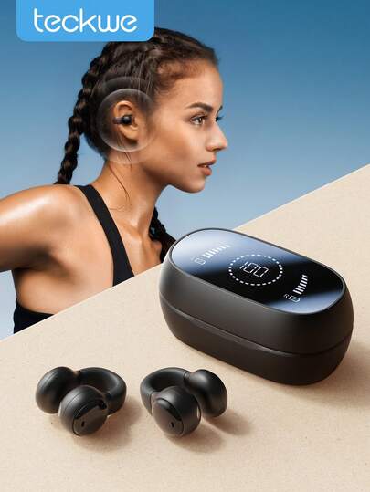 Teckwe Wireless Earbuds Small Clip On Earphones Open Ear Buds, Air Conduction, LED Digital Display With Large Screen, HiFi Stereo With Built-In Microphones For Sports Running Cycling Workout