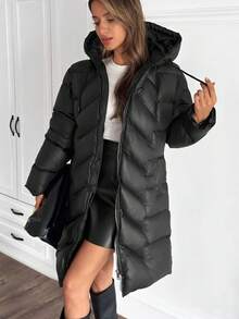 EURMUSE Paltoane de iarnă cu fermoar și buzunar în culori solide pentru femei - Negru - Vizualizare 5