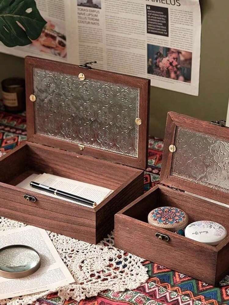 SHEIN 1個 レトロな木製デスクトップ収納ボックス、ジュエリー/化粧品オーガナイザー、北欧スタイルのデスククラッター収納ホルダー(ガラスパターンカッティング面は固定されていません)女性のための夏の収納オーガナイザーギフト - 木の色 - 見る 7