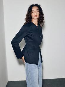 Lumivelle 纯色修身长袖前开衫，小圆领，开衩下摆，收腰，假口袋，金属纽扣，办公室，休闲，优雅，简约，奢华，通勤，知性，专业，春秋女士常规西装外套 - 藏蓝色 - 查看 4