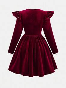 Pitira Tween Girls Elegant Velvet Beaded Ruffle Sleeve Cinched Waist Flare Dress, Wine Red, Suitable For Christmas Party, Autumn/Winter, Christmas Dress Girl Velvet Dress Burgundy Young Girls Formal Dress Tween Christmas Dress