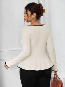SHEIN Frenchy Sweater Rajut A-Line Leher Persegi Warna Kontras Minimalis Kasual untuk Wanita Ukuran Plus, Serbaguna untuk Musim Gugur/Musim Dingin - Krem - View 3