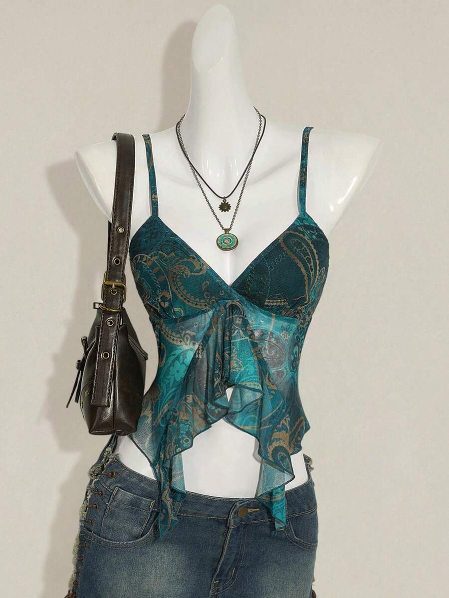 SHEIN ICON Women's Millennial Y2K Sexy Bohemian Retro Teal Paisley Print Asymmetrical Hem Ruffled V-Neck Slim Fit Camisole - Black - View 1