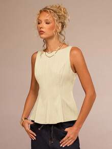 Avantive 女士休闲纯色束腰无袖露背衬衫 - 杏色 - 查看 3