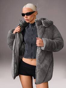 CasuGlow Áo khoác mùa đông chi tiết lông giả màu trơn cho nữ - Xám - Xem 2