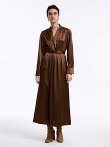 Aalyst 女士优雅时尚通勤休闲舒适迷人复古温柔高端浪漫假日长袖 V 领前交叉系带褶边纹理缎面设计纯色连衣裙 - 棕色 - 查看 3