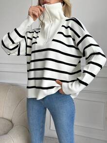 EURMUSE Áo len trễ vai kẻ sọc phối màu đơn giản dành cho nữ, Thu/Đông - Nhiều màu - Xem 4