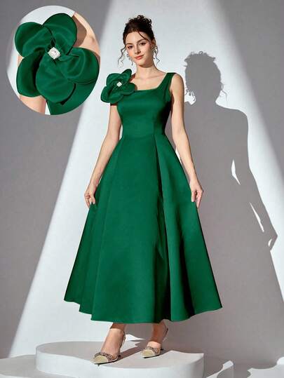 Poshira 女士优雅纯色3D花卉装饰绿色晚礼服