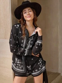 Wildy 2 pezzi Set casual da donna con top a maniche lunghe e pantaloncini con coulisse