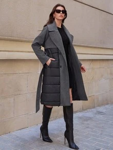 SHEIN Tall Tall Size Women Long Padded Patchwork Coat For Autumn And Winter - Black - View 5