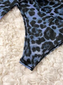 Franclia Bodysuit Lengan Panjang Berbahan Jala Transparan Motif Leopard untuk Wanita - Biru - View 4