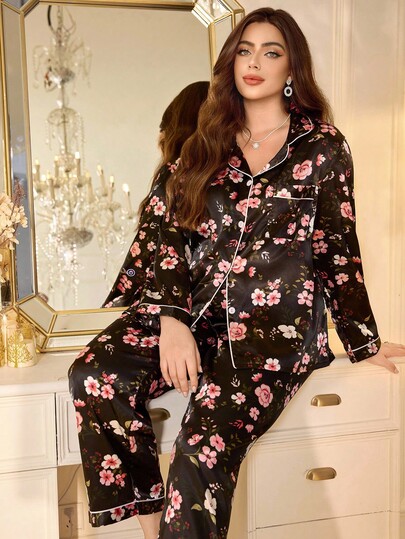 LuxeNights Floral Print Faux Silk Lapel Collar Long Sleeve Pajama Set For Plus Size Women, Fall Clothes