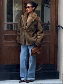 DAZY Women's Faux Fur Collar Long Sleeve Jacket, Autumn/Winter Women Coats - Coffee Brown - View 5