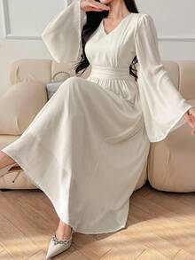 DAZY Váy dài vừa phải, tay loe, cổ chữ V màu trơn, nhún eo thanh lịch dành cho nữ - trắng - Xem 7