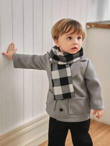 Souflis Souflis 2025 Autumn/Winter New French Retro College Style Grey Woolen Coat Paired With Classic Plaid Scarf, Suitable For School, Outing, Party And Other Occasions, Men & Kids Woolen Coat Baby Boy Coats Baby Boy Winter Coats Baby Boy Coats Fall