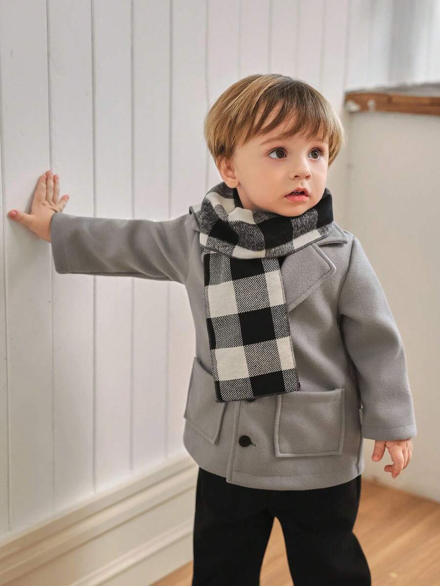 Souflis Souflis 2025 Autumn/Winter New French Retro College Style Grey Woolen Coat Paired With Classic Plaid Scarf, Suitable For School, Outing, Party And Other Occasions, Men & Kids Woolen Coat Baby Boy Coats Baby Boy Winter Coats Baby Boy Coats Fall