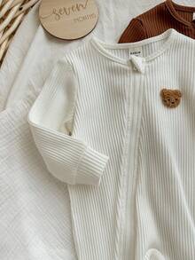 SHEIN Newborn Ribbed Crew Neck Long Sleeve Zipper Casual Jumpsuit Baby Zipper Jumpsuit Ribbed Baby Jumpsuit Newborn Zipper Suit Baby Clothes Unisex Baby Bear Jumpsuit Fall Winter - Multicolor - View 3