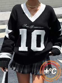 SHEIN 少女毛衣 少女拼色 V 领休闲宽松学院风图案套头毛衣 - 黑與白 - 查看 1