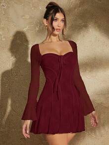 SHEIN BAE Váy ren viền bèo nhún cho nữ - Màu Đỏ Sâu - Xem 8