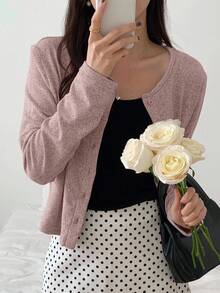 DAZY 女士休闲纯色圆领长袖宽松开襟T恤，秋季服装 - 粉色 - 查看 5