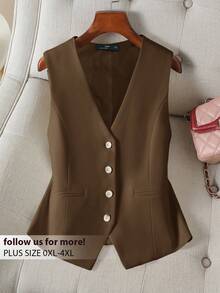 CosyJoli Plus Size Commuting Vest Blazer For Summer In Fall/Winter - Brown - View 1