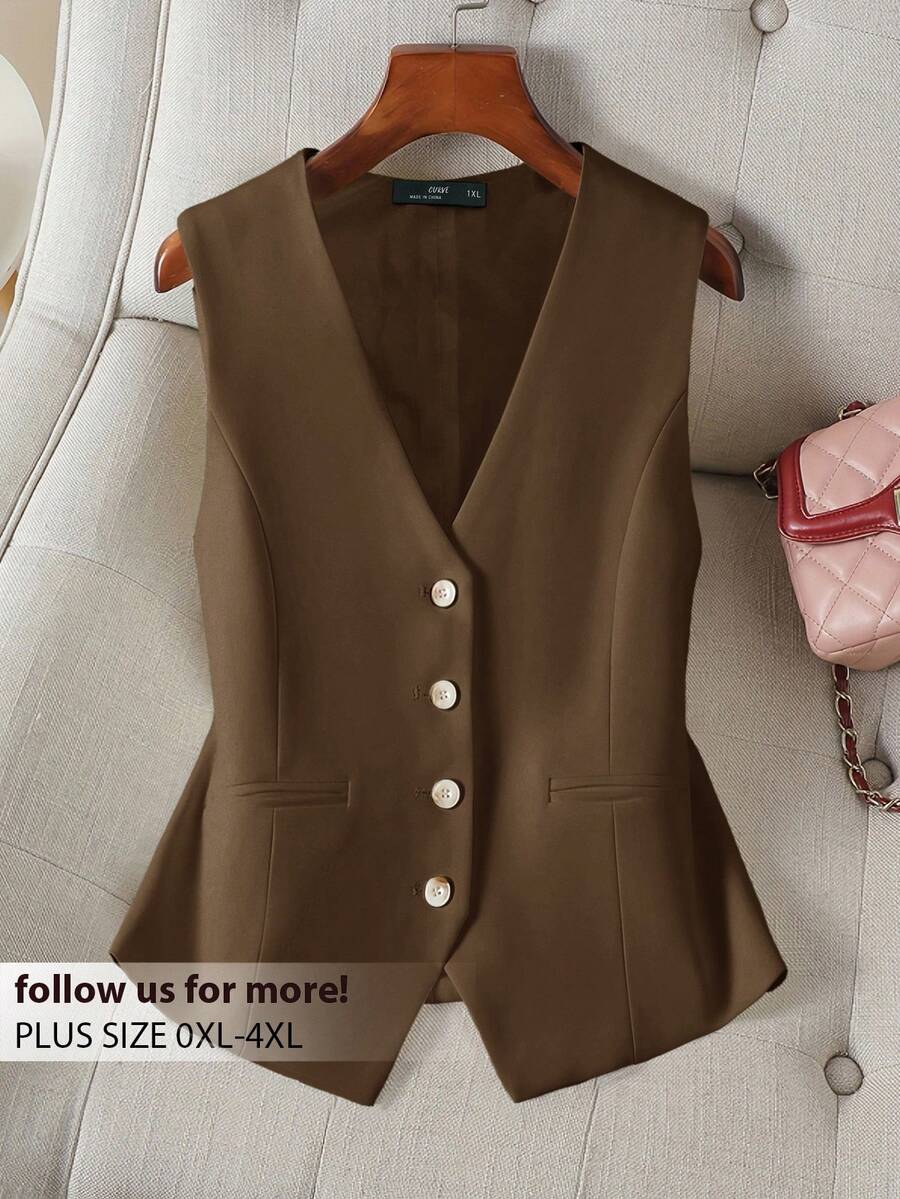 CosyJoli Plus Size Commuting Vest Blazer For Summer In Fall/Winter - Brown - View 1