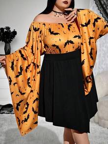 SHEIN CURVE+ Váy tay loe in hình dơi cỡ lớn dành cho nữ, Đầm Halloween/Mùa thu/Mùa đông - Nhiều màu - Xem 7