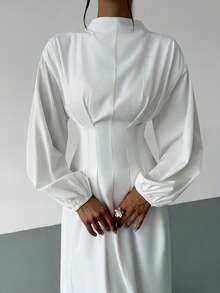 Firerie 女士优雅白色系带立领荷叶边灯笼袖 A 字中长连衣裙，适合工作、办公室、度假和浪漫场合，春夏秋季，白色毕业礼服，复古连衣裙 - 白色 - 查看 8