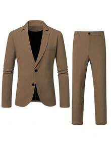 Calvornis 男士休闲商务两件套西装，纯色西装套装夹克和裤子，简约时尚休闲日常穿着婚礼西装舞会西装男士，适合情人节周年纪念日等场合，是送给男朋友或丈夫的绝佳礼物。 - 棕色 - 查看 5