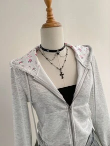 Elamini 女士灰色碎花连帽拉链运动衫，带口袋，休闲简约百搭舒适套头衫，适合户外、运动、家居服和日常穿着 - 灰色 - 查看 6
