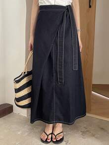 DAZY 女士系带腰身休闲长款牛仔裙 - 深色水洗藍 - 查看 4