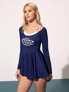 CourtClass Damen ärmelloses Kleid mit U-Ausschnitt, langen Ärmeln, personalisiertem Sportletter-Muster, A-Linie, Rüschensaum, figurbetonter Passform mit Futter-Shorts, Lässig Sport Tennis Kleid für den täglichen Gebrauch, Pickleball Kleid, Tennis Kleid mit langen Ärmeln, Aktivkleidung, Navy Tennis Kleid, Bauchkontrolle Tennis Kleid