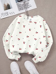 SHEIN Moletom Happikins Cream White Young Girl Retro Sweet Mini Cherry Floral Print, Cropped, Estilo Pastoral Pastel Floral Nature, Presente para Amantes de Jardins, Moletom Casual Solto com Gola Redonda, Manga Longa, Confortável, Ideal para Outono/Inverno, Piqueniques ao Ar Livre, Passeios, Fotografia de Rua, Casa, Streetwear Vintage, Conforto Fácil, Camadas de Outono, Estilo Anos 2000, Roupas Y2K, Roupas de Inverno, Conjunto Esportivo de Outono - Multicolorido - Ver 2