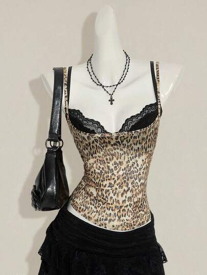 SHEIN ICON Conjunto de 2 piezas con top de camisola transparente con estampado de leopardo y sujetador de encaje negro con tirantes de espagueti para mujer